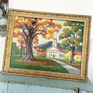 Vintage Paint by Number Church New England Autumn Fall Colors Painting Craftint